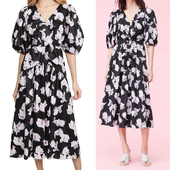 Rebecca Taylor Ikat Blossom Cotton Midi Dress 4 Tie Waist Puff Sleeves $495 Blk